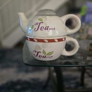 Ceramic Teapot and Teacup Set - White and Brown